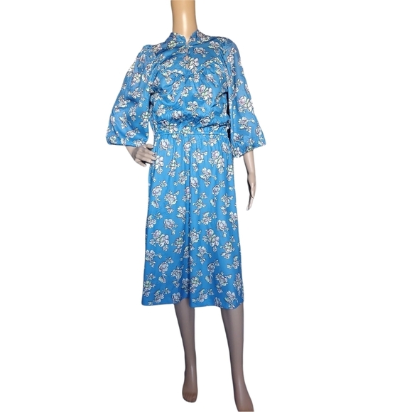 Vintage 70s Sears Bluson Wide Sleeve Blue Cherry Blossom Floral Day Dress 12 - Picture 1 of 12